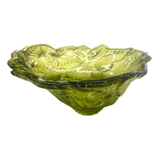 Green Depression Glass Berry Bowl With Leaf & Fruit Design - Picture 4 of 6